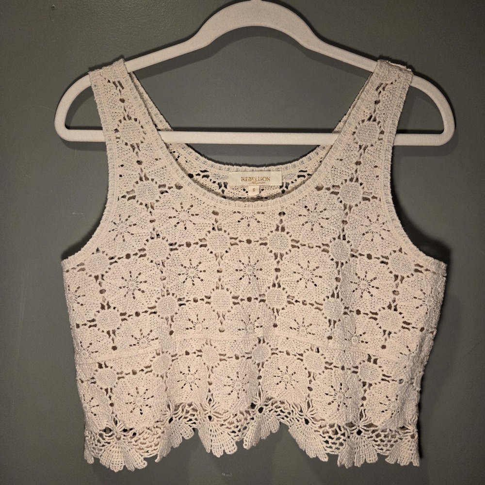 Rebellion Crochet Crop Tank Top 100% Cotton Boho Beach Granny, Women's Size S